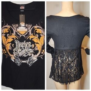 NWT Harley Davidson Embellished Fringe Lace Long Sleeve Top Black Orange Medium